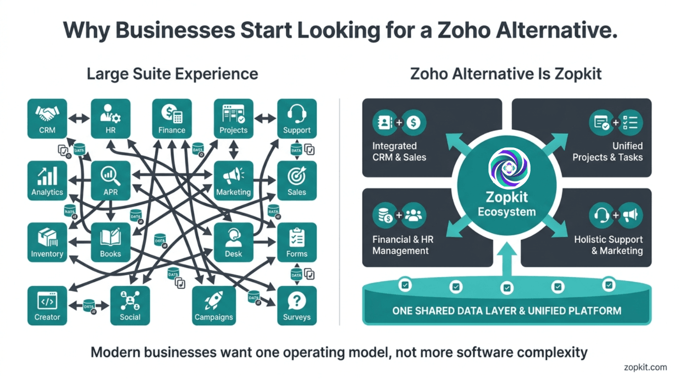 Zoho Alternative for Modern Businesses: Why Zopkit Is the Better Connected, AI-First Business Operating System