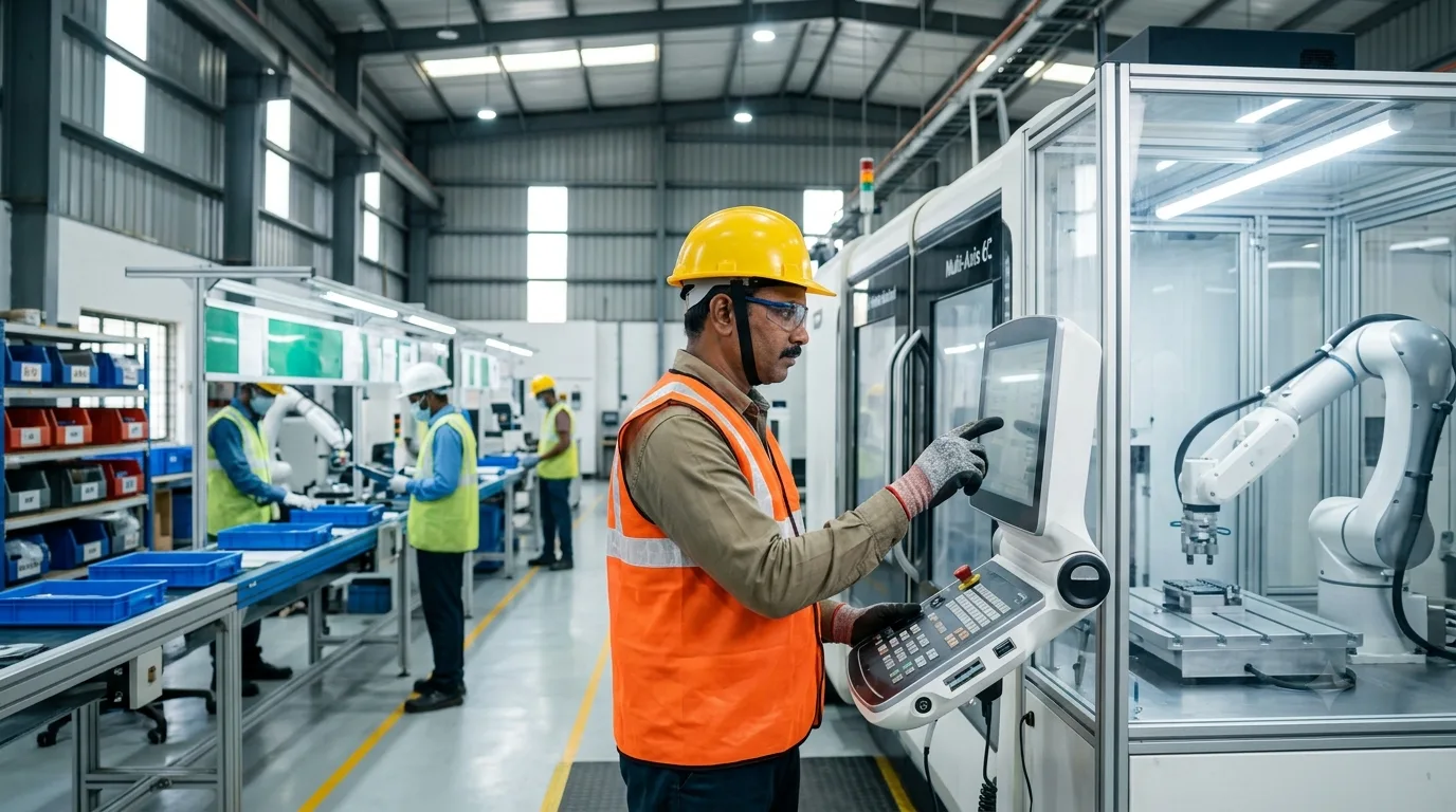 A factory floor with production line equipment and workers