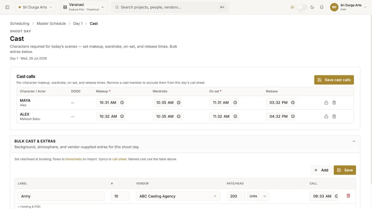 A cast management screen for a film production