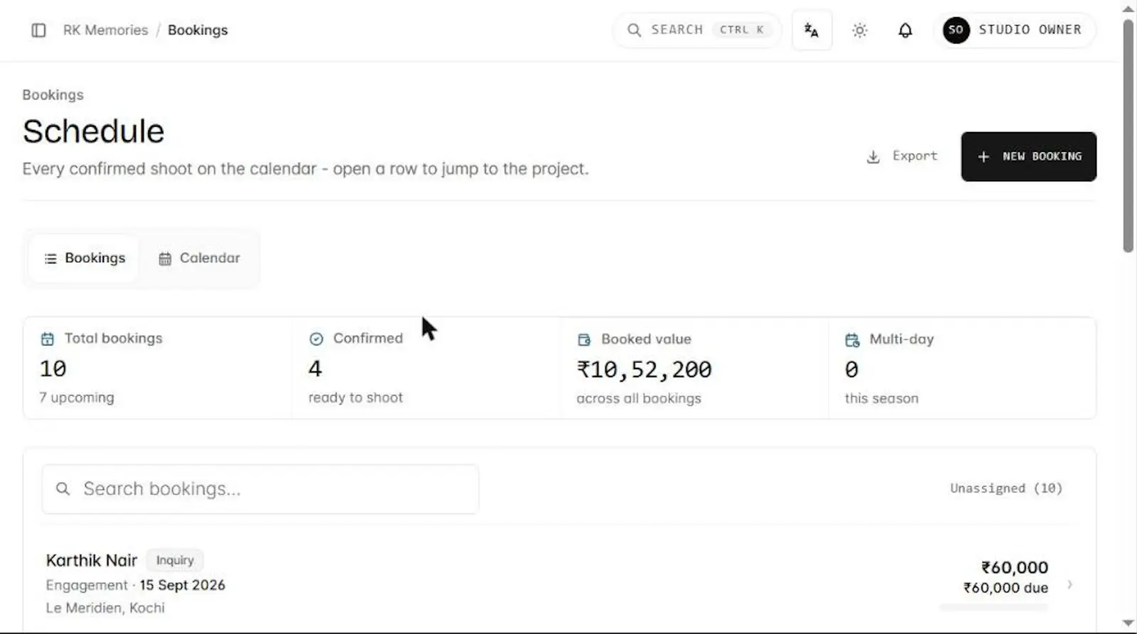 A studio dashboard showing projects waiting on the studio and upcoming shoots