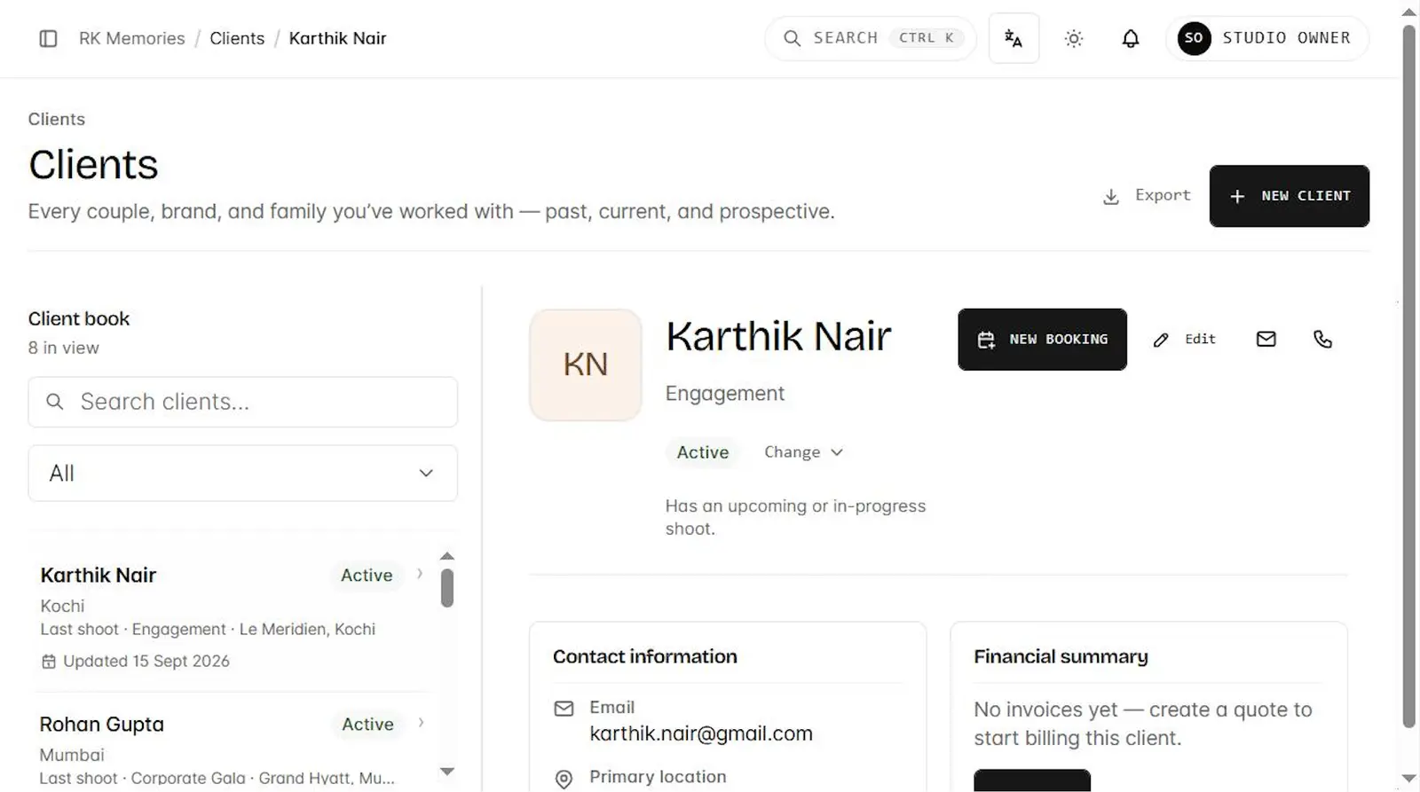 A studio client management screen