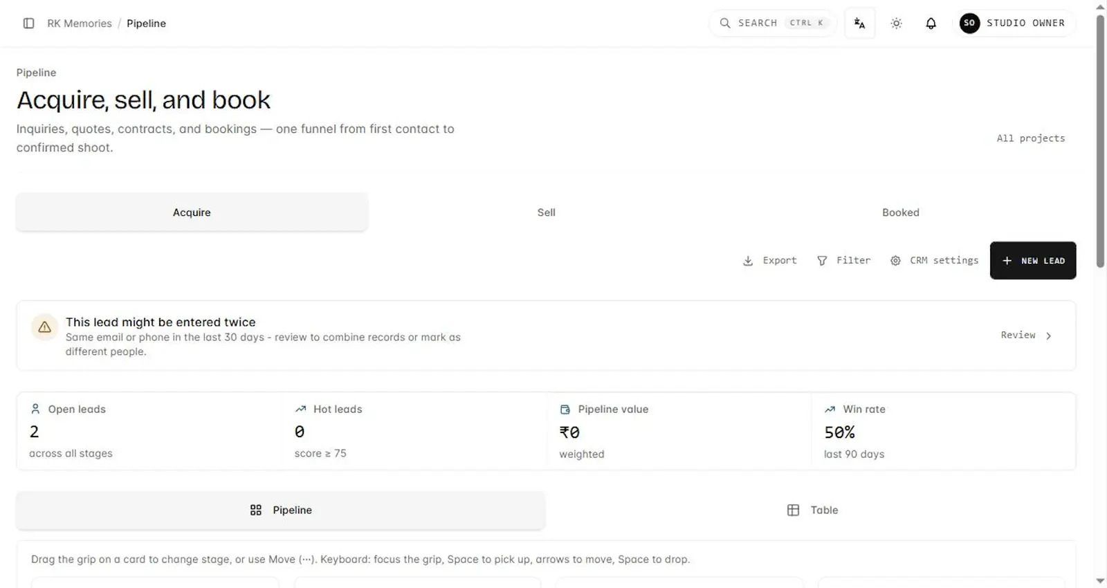 A photography studio pipeline showing inquiries, quotes, and bookings by stage