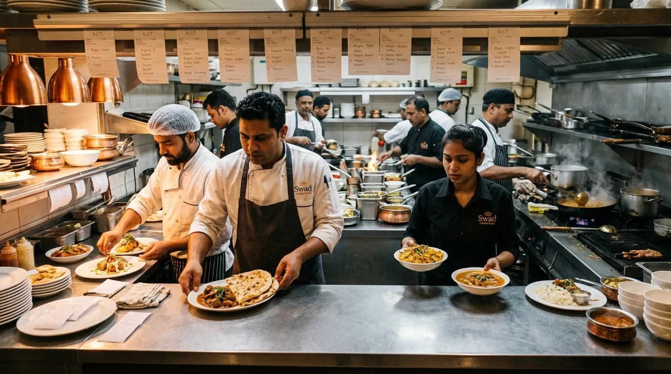 A restaurant kitchen and dining service in progress during a busy shift