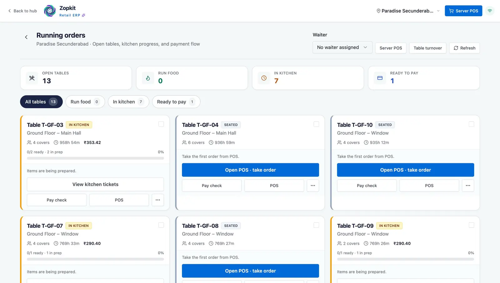 A running-orders board tracking every open table by kitchen and payment status