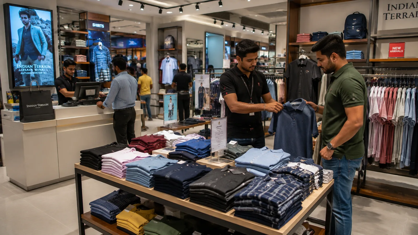 A retail store associate at the checkout counter assisting a customer