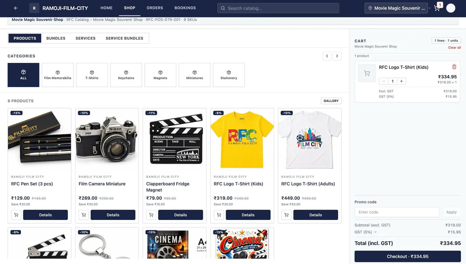 A retail storefront catalog with product categories and a live cart showing GST