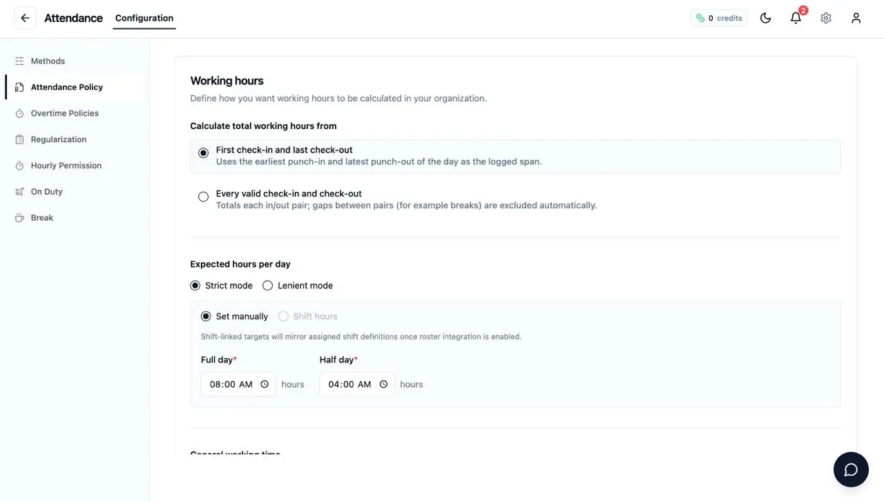 A staff attendance policy screen configuring working-hour rules