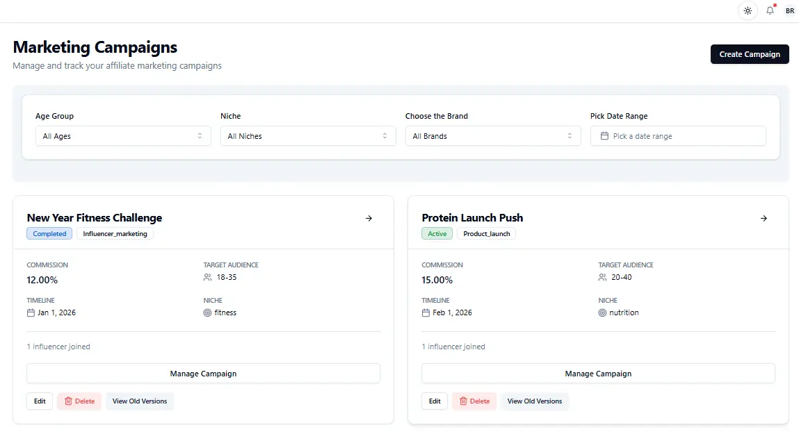 A campaign management screen listing affiliate campaigns