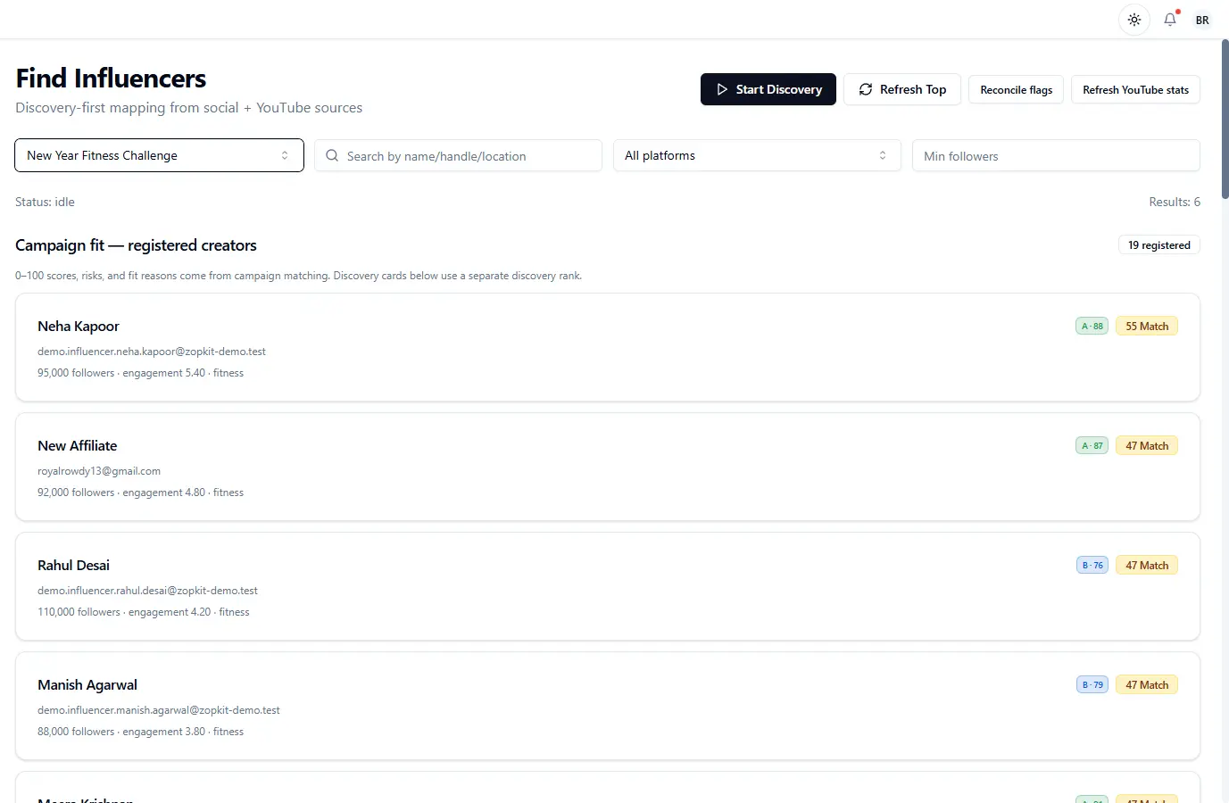 An influencer search and discovery screen