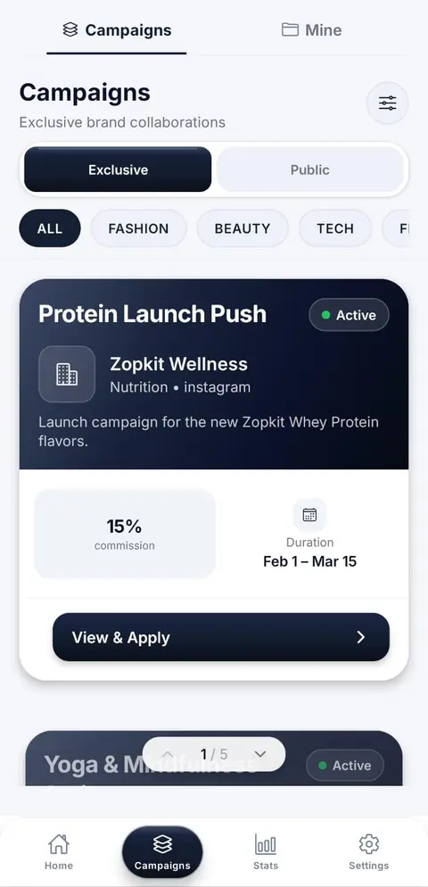 The influencer mobile app showing an active campaign