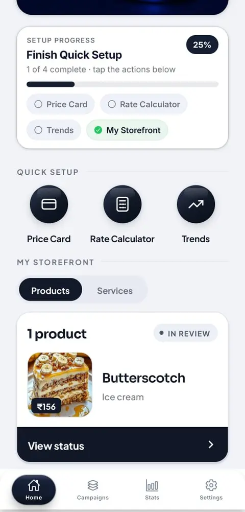 The influencer-facing mobile app home screen