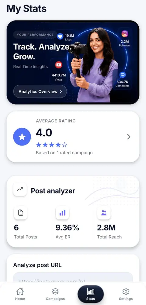 The influencer mobile app showing personal stats and earnings
