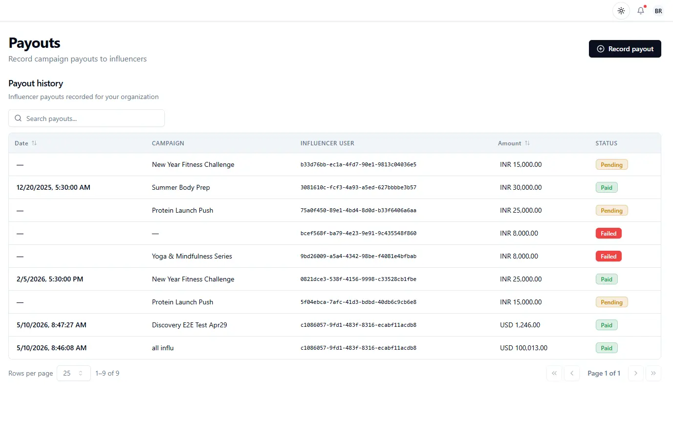 A payouts screen showing affiliate payment status