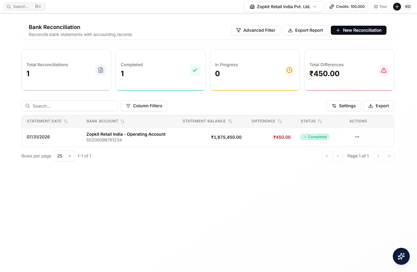 A bank reconciliation screen matching bank feed transactions to the ledger