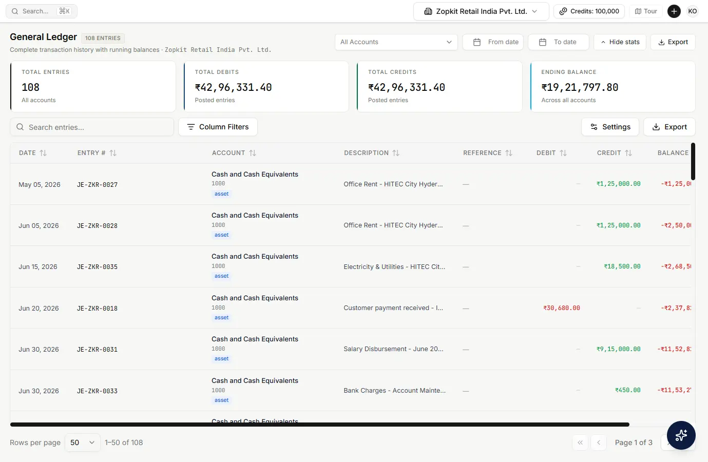 A general ledger screen showing journal entries