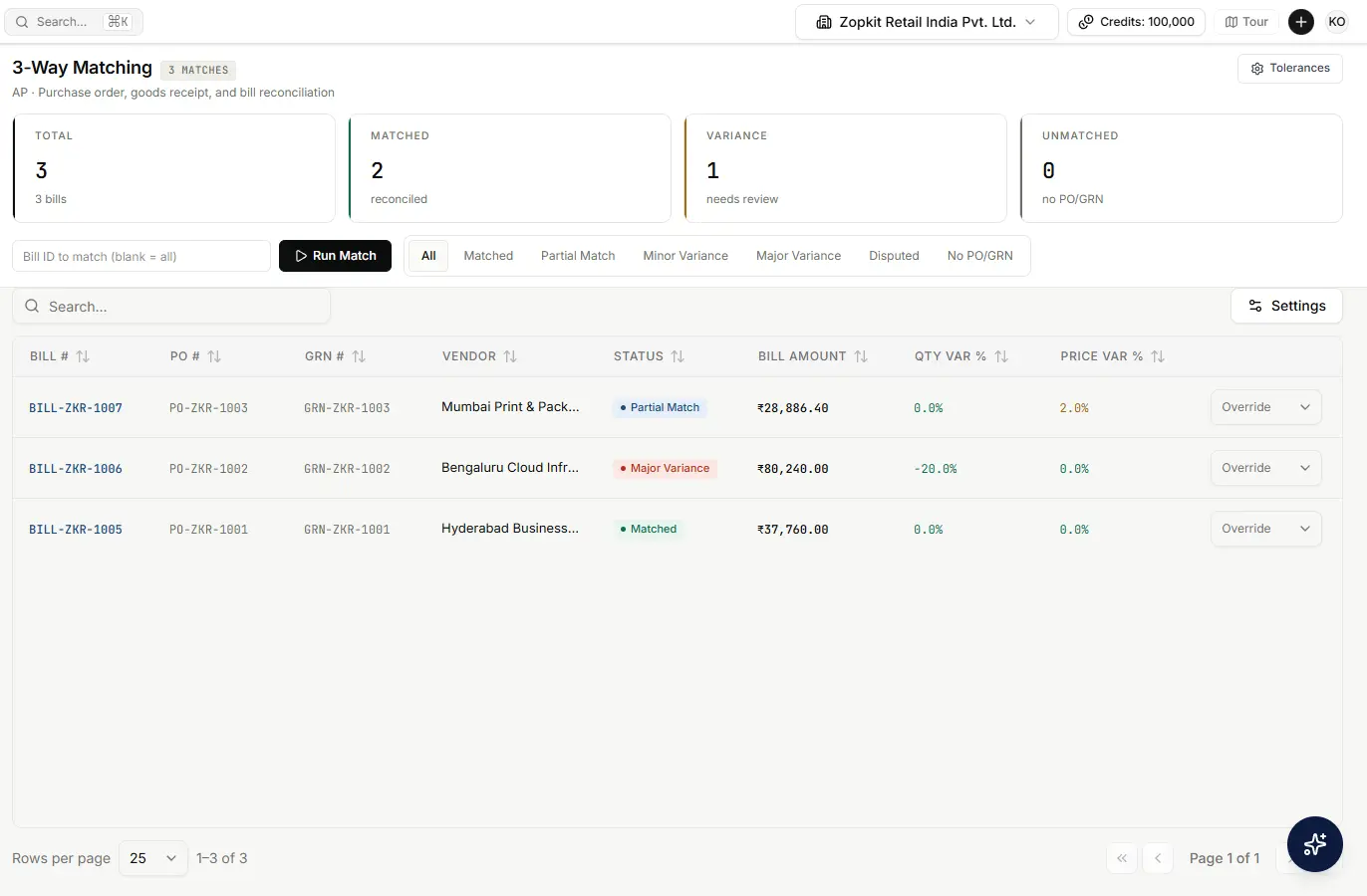 A three-way match screen comparing purchase order, receipt, and invoice