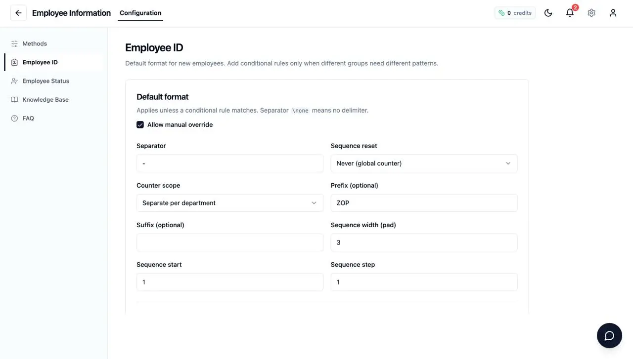 An employee information management screen