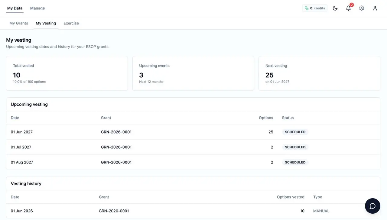 An ESOP vesting schedule screen