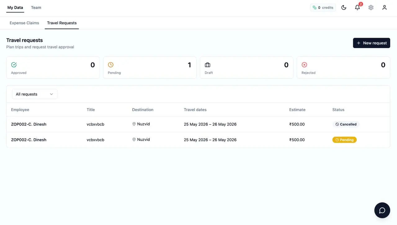 An employee expense claims screen