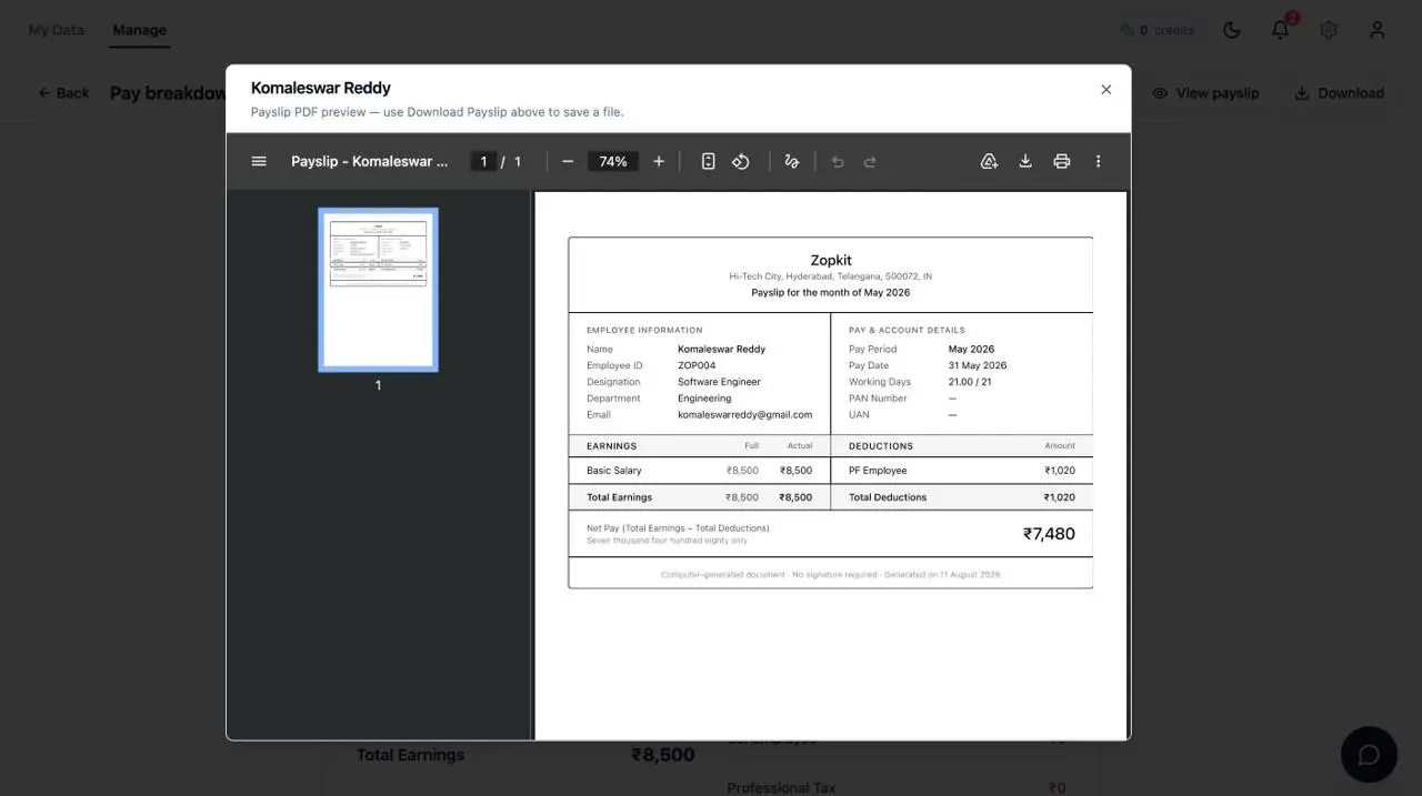 An employee payslip screen with tax breakdown