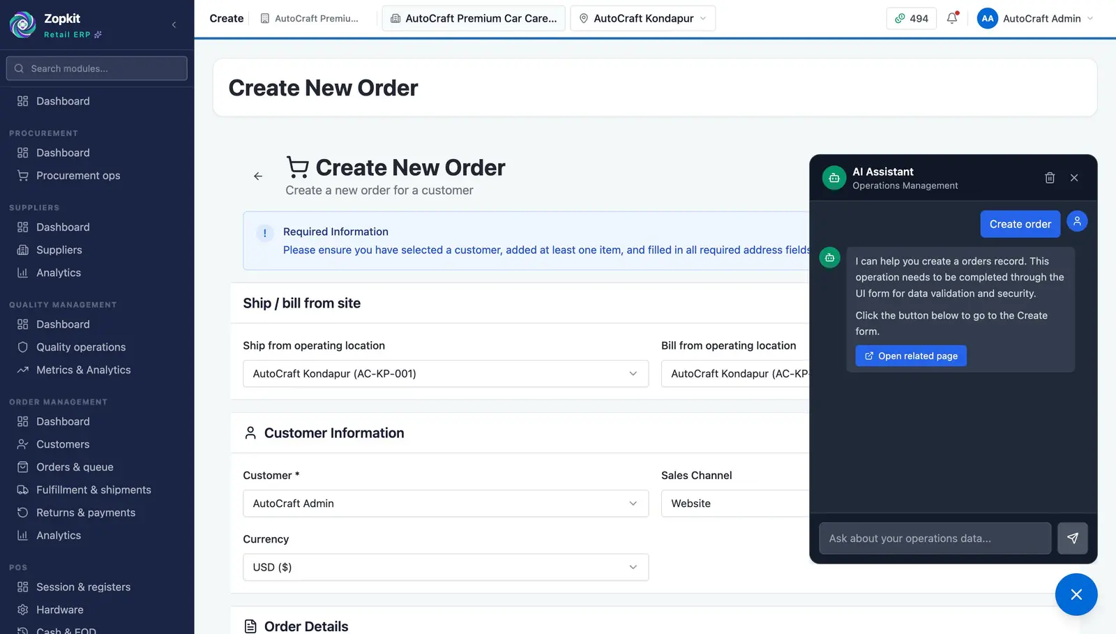 An AI assistant panel guiding a user through an operations workflow