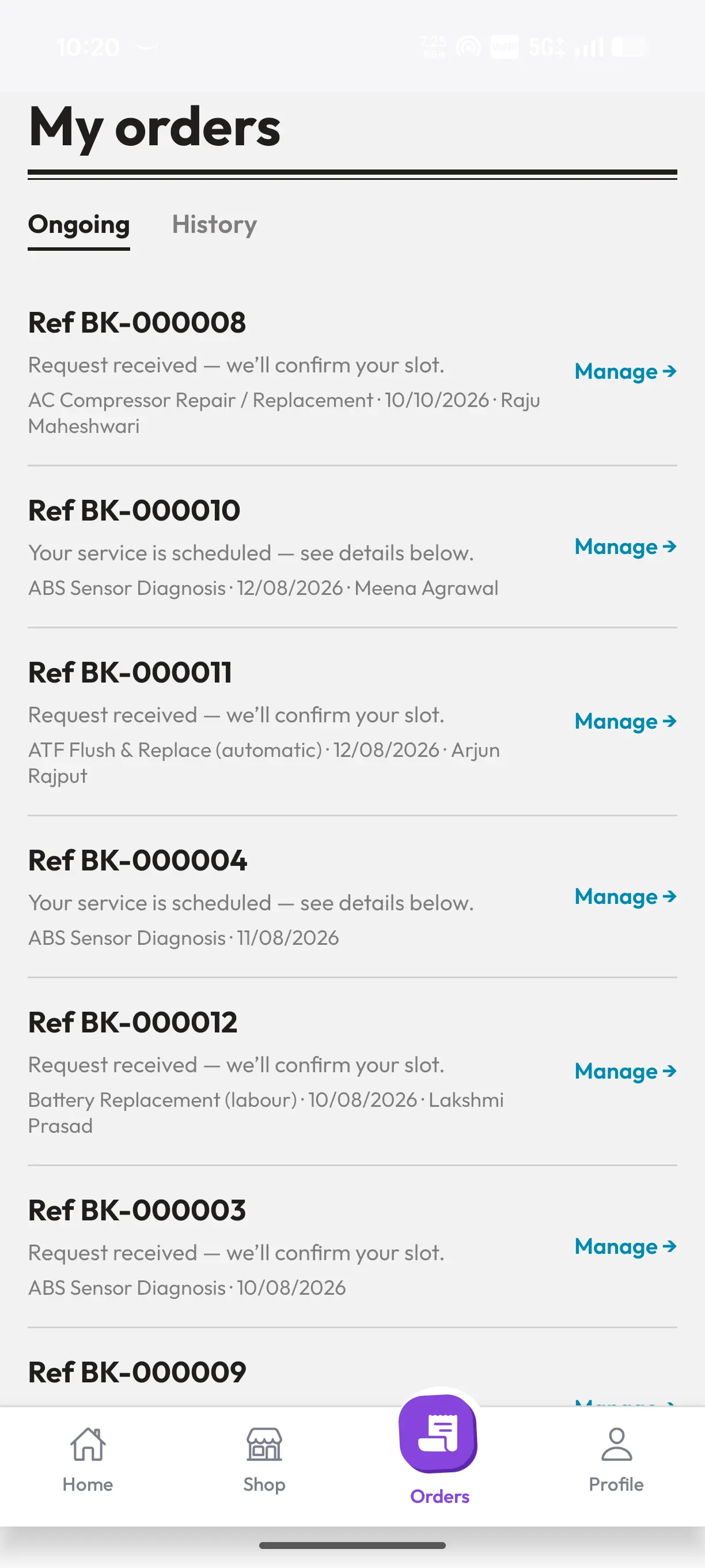 A consumer app screen listing a customer's service bookings