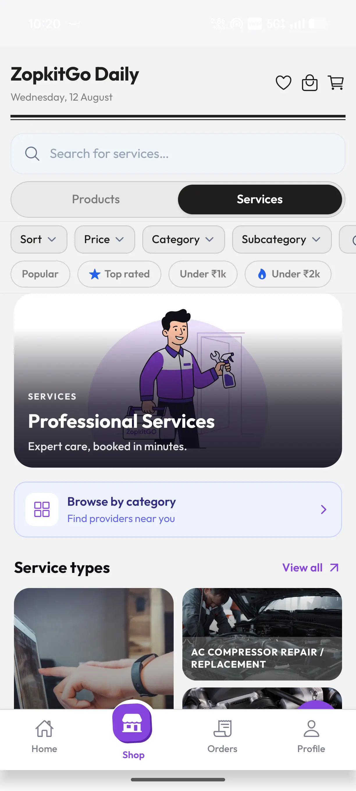 A consumer app services tab with category and price filters