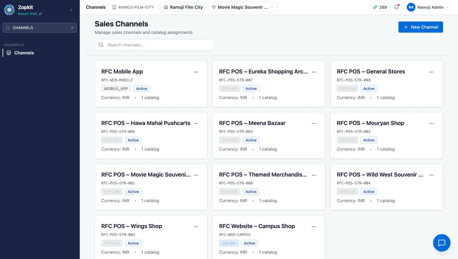 A sales channels screen listing POS, mobile, and web channels feeding into order management