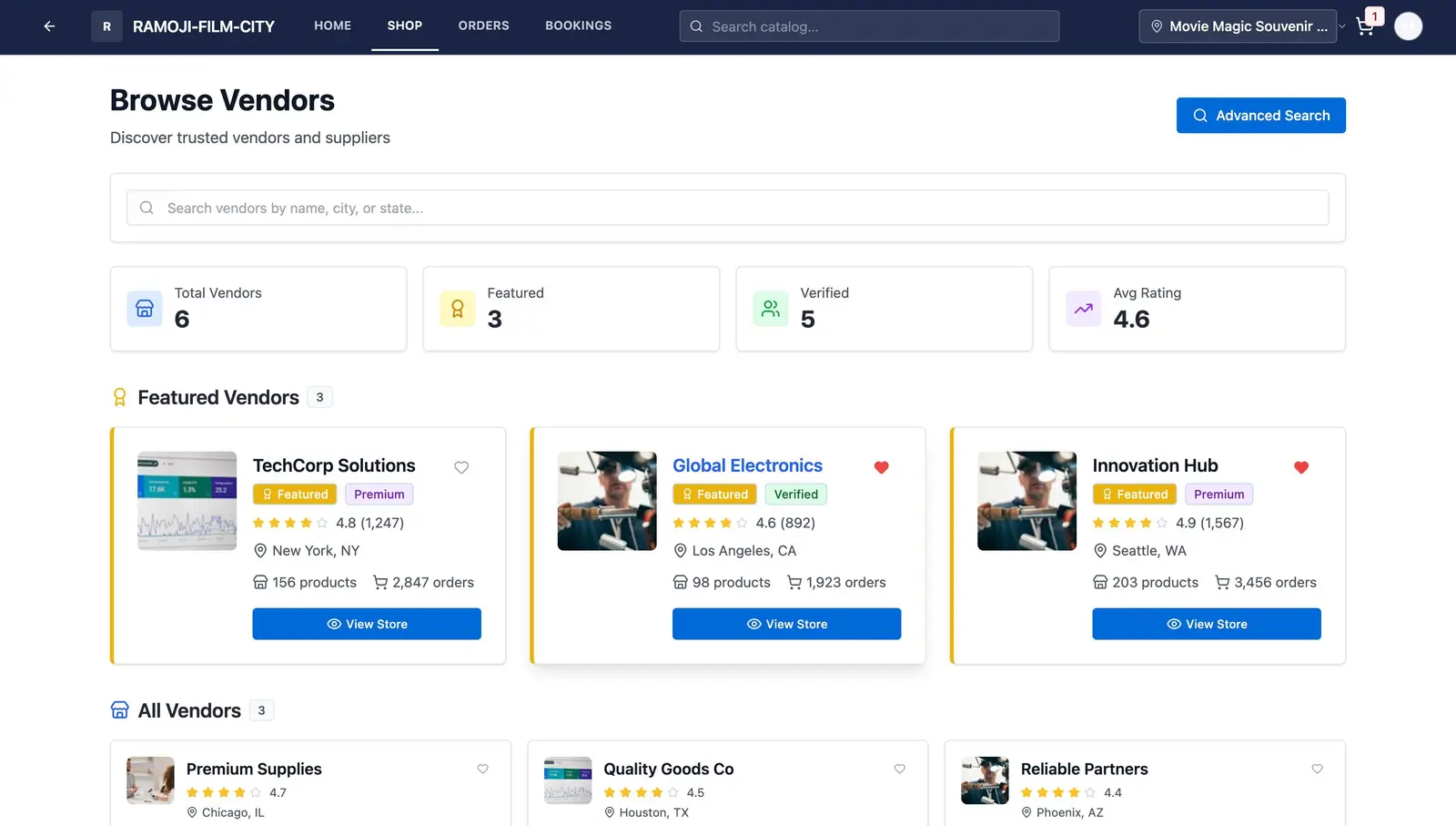 A vendor marketplace screen listing featured and verified vendors with ratings