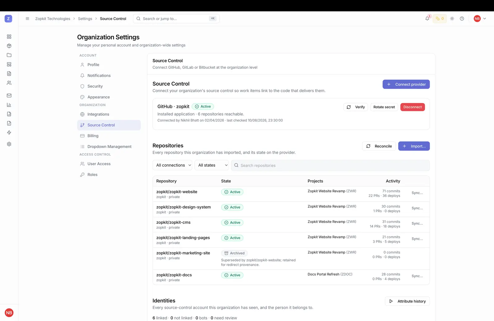 An integrations screen connecting project management to other tools