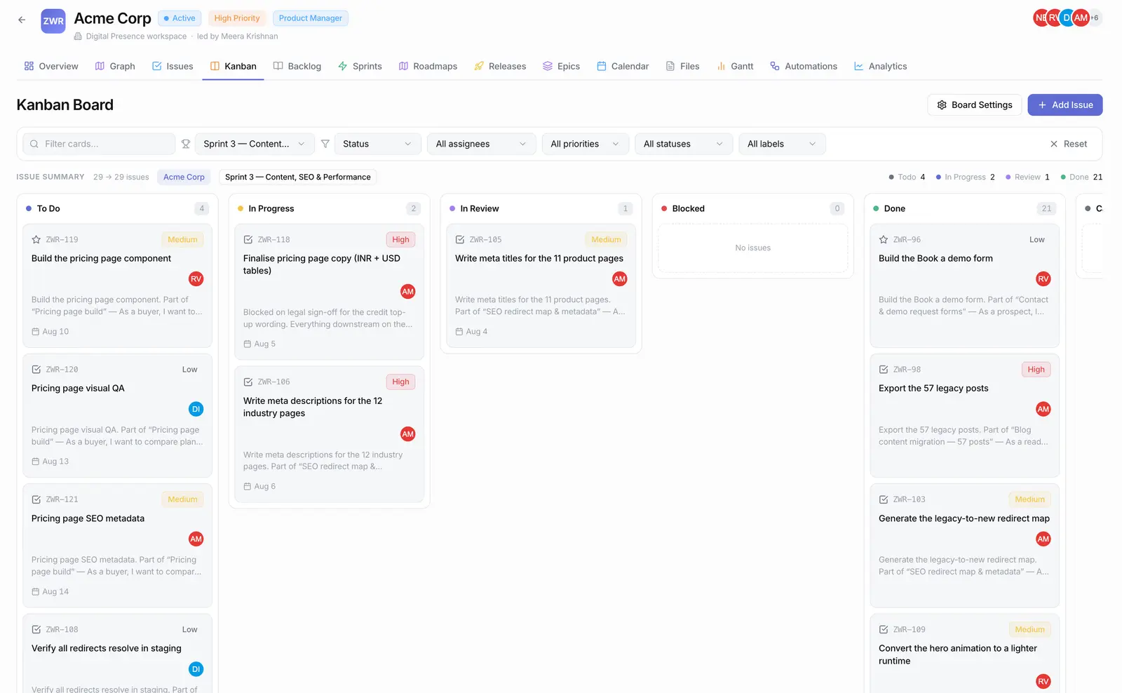 A kanban board with tasks organized into workflow columns