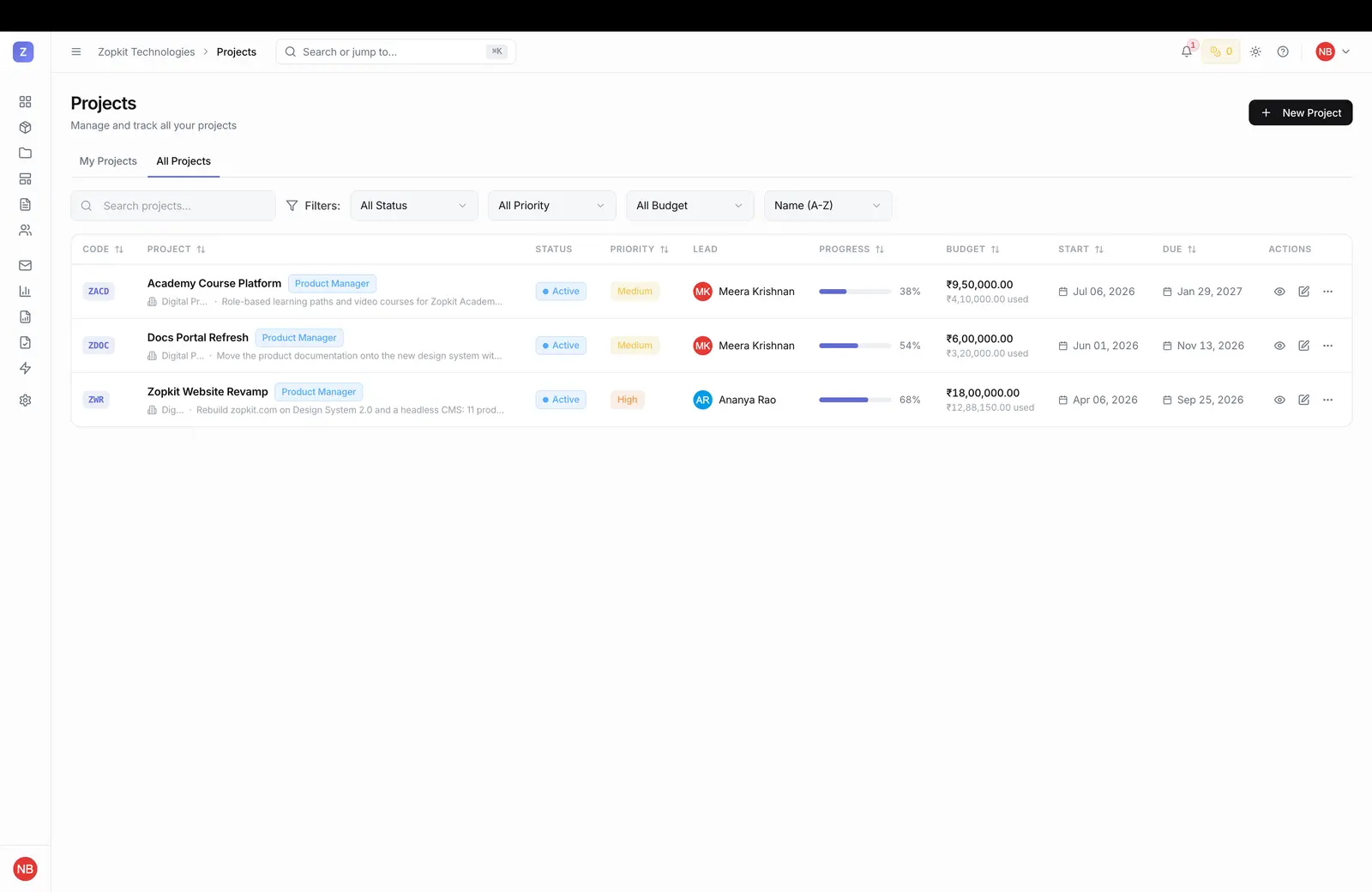 A project list screen showing active projects