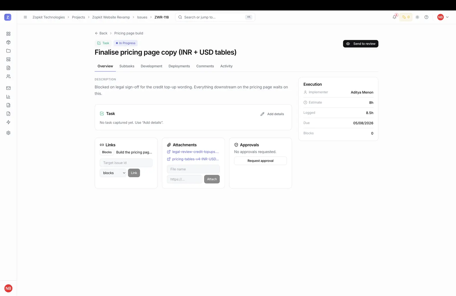A task detail screen showing priorities, due dates, and dependencies