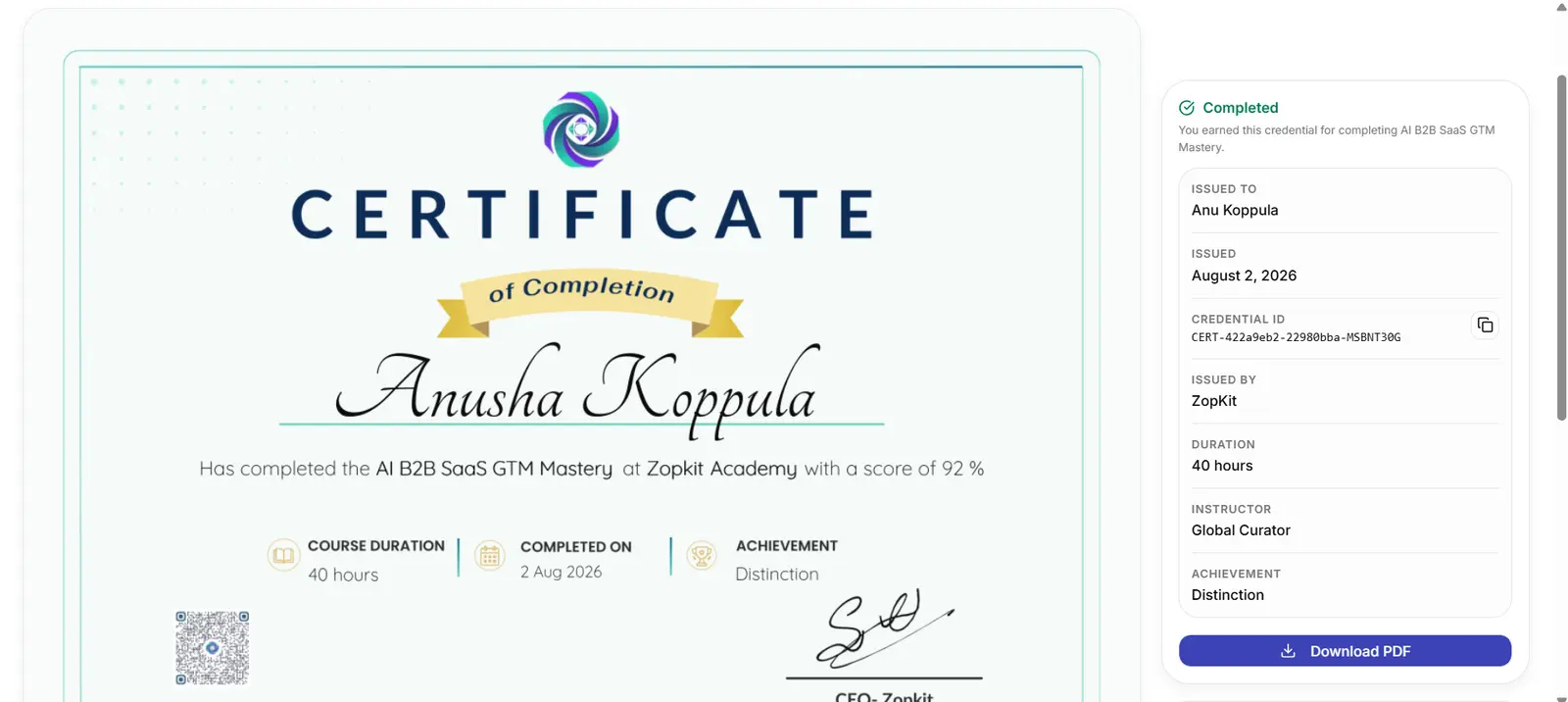 A verifiable course completion certificate with a QR code