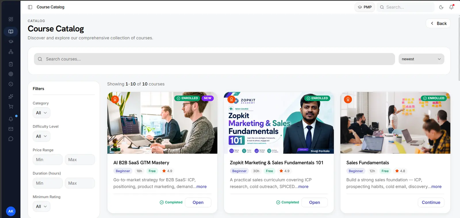 A course catalog screen listing available training courses
