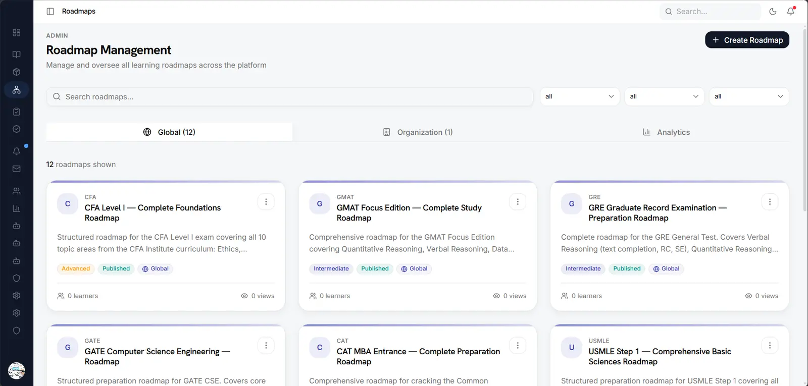 A learning roadmap screen sequencing courses into a path